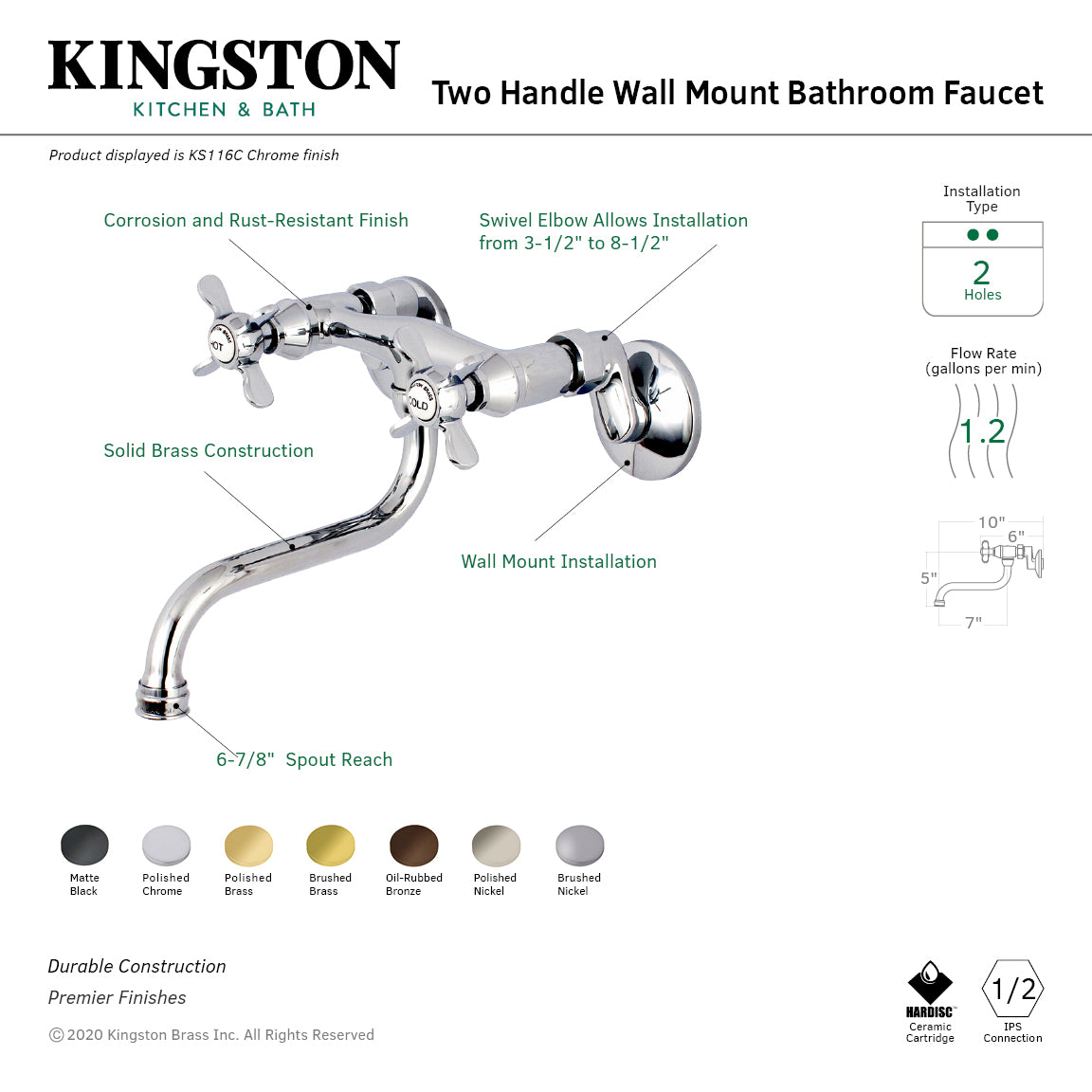 Kingston Heirloom KS116PN - Essex Double-Handle 2-Hole Wall Mount Bathroom Faucet, Polished Nickel — thumbnail 2